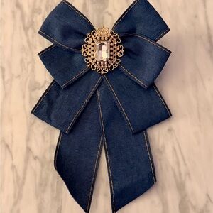 Anthropologie Navy Bow Brooch with Gold Detail
